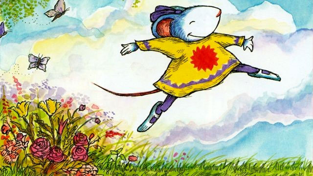 Drawing of a smiling mouse wearing a dress and leaping through a field of flowers and grass.