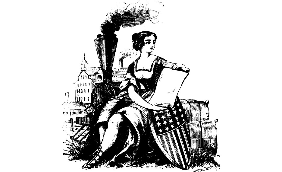Woodcut illustration of a woman sitting on bags of grain, holding an unscrolled document. A shield with the stars and strips rests against her leg, while a steam train billows smoke behind her.