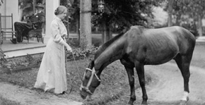Helen holds the reigns of a grazing horse