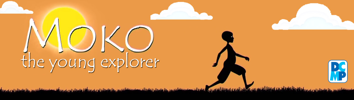 Cartoon illustration of Moko the young explorer. Silhouette of a young boy wearing long shorts, walking in the grass with sun shining brightly in the sky with a few clouds.