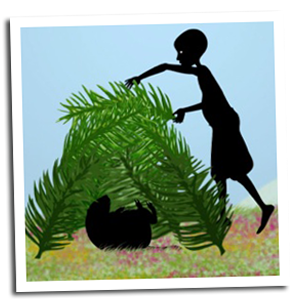Moko, in silhouette, lays large palm fronds over a small animal to shade it.