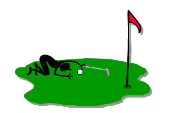 Cartoon of a golfer lining up a put on the green close to a hole with a flag sticking out of it.