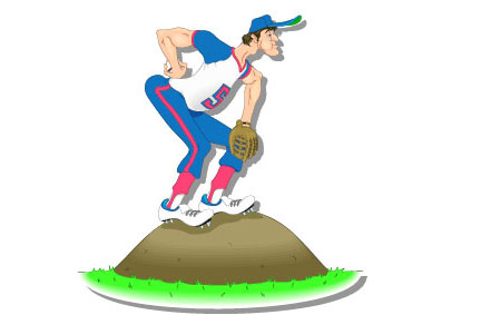 Cartoon of a baseball pitcher on the mound of dirt.
