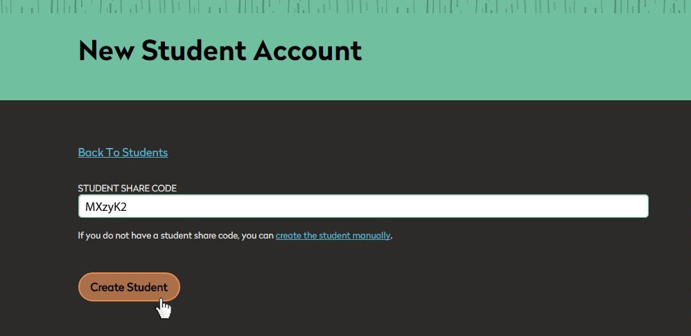 new student account. Field to enter code. Create student.