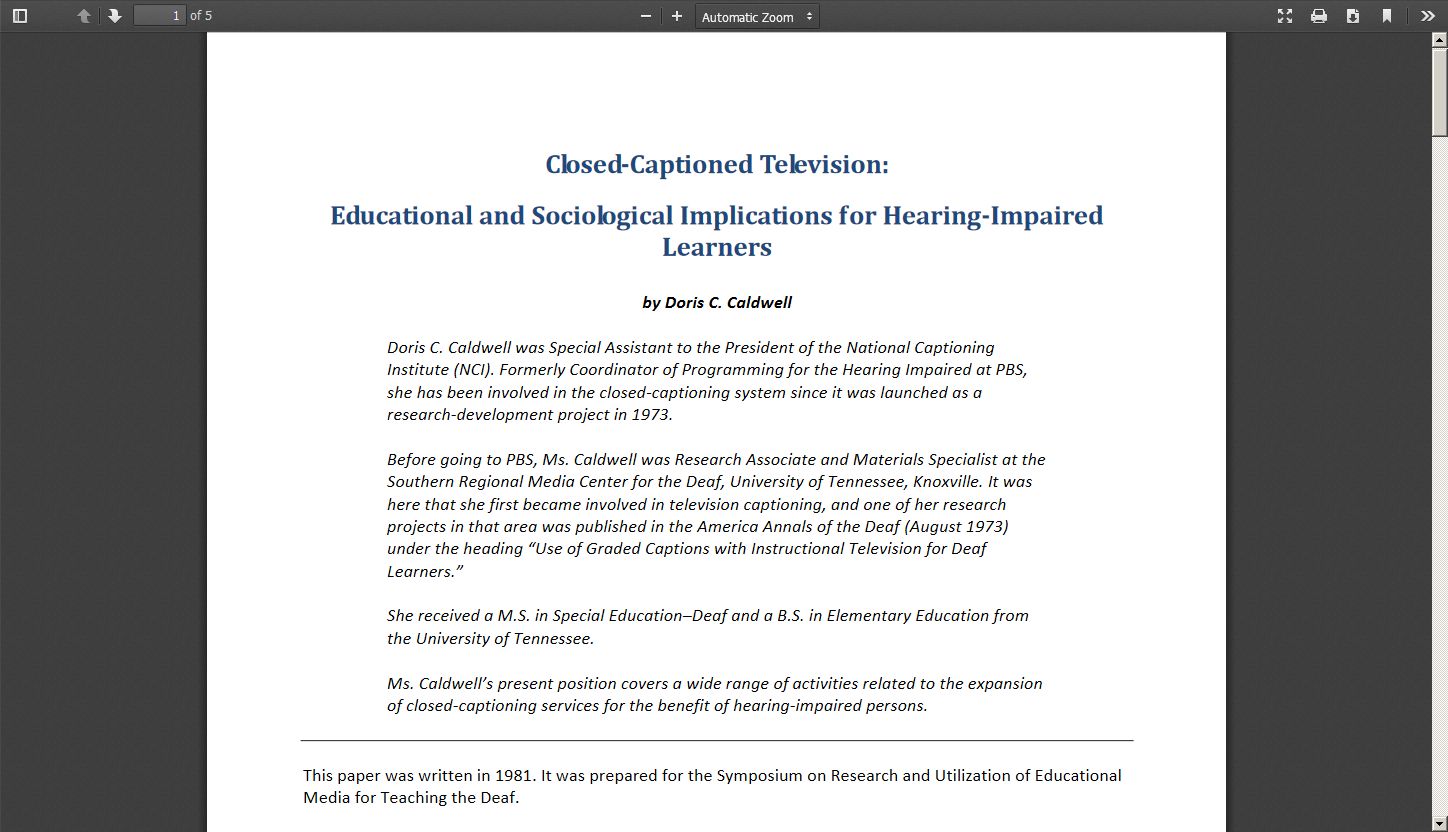 Closed Captioned Television: Educational and Sociological Implications for Hearing Impaired Learners