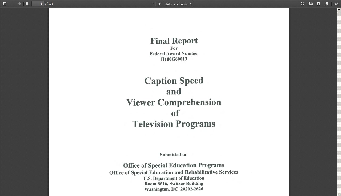 Final Report: Caption Speed and Viewer Comprehension of Television Programs