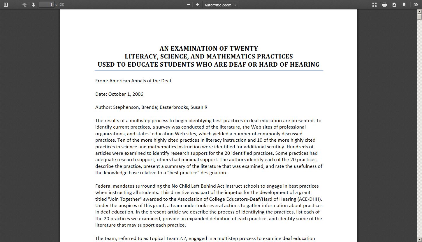 An Examination of Twenty Literacy, Science, and Mathematics Practices Used to Educate Students Who are Deaf or Hard of Hearing