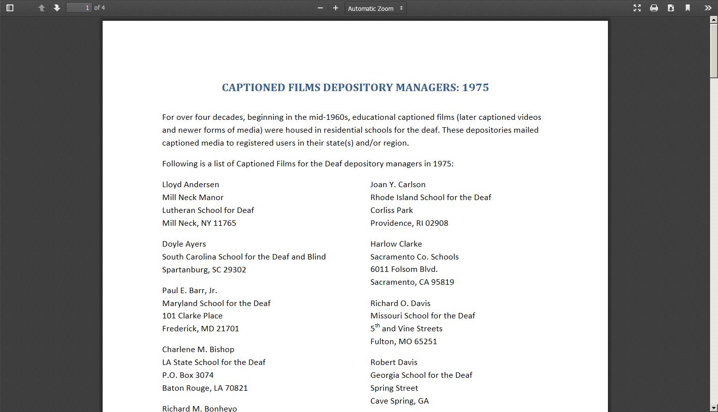 Captioned Films Depository Managers: 1975