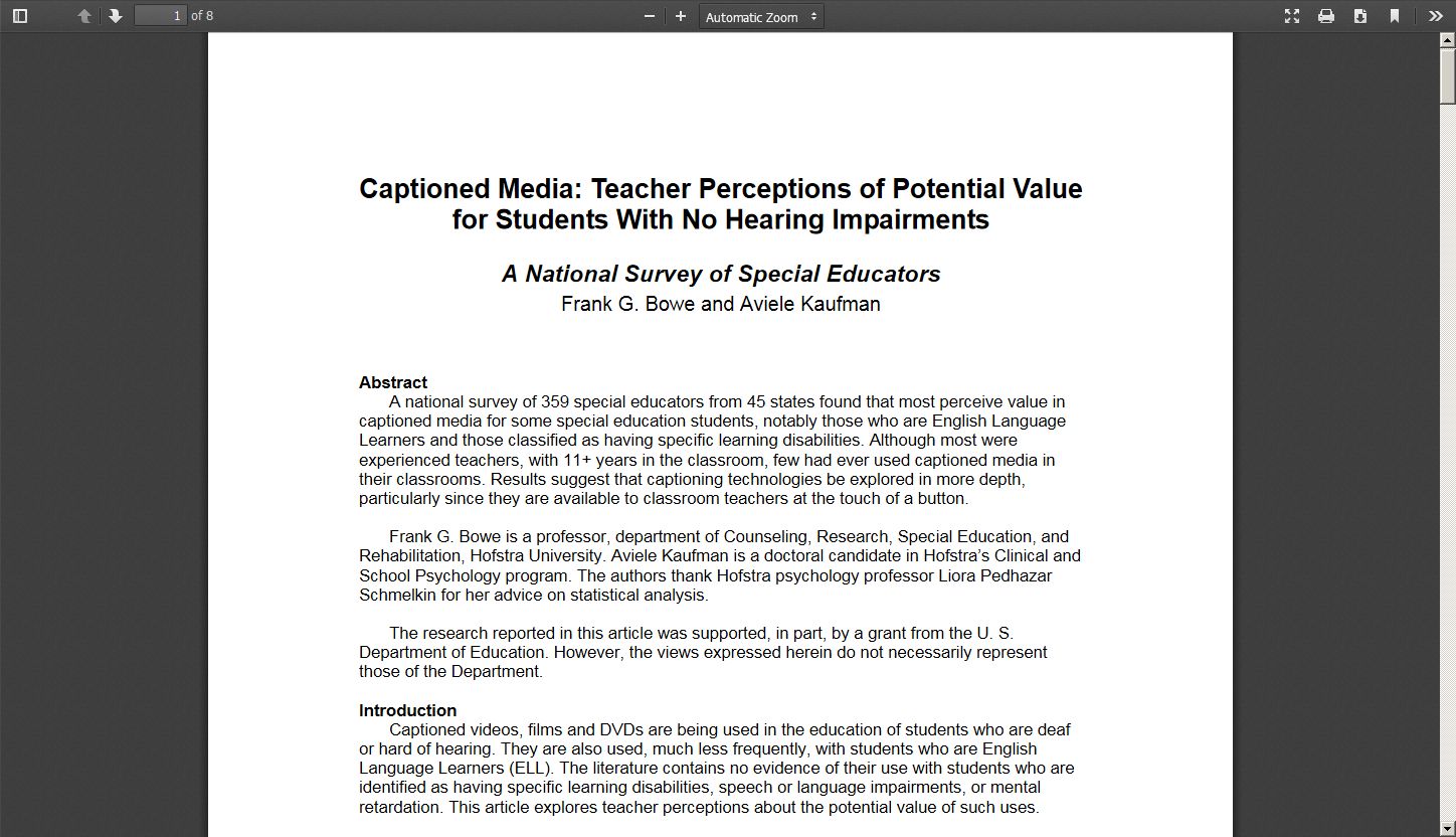Captioned Media: Teacher Perceptions of Potential Value for Students with No Hearing Impairments
