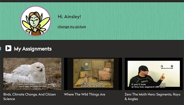 A screenshot of video clips in a lesson under a heading My Assignments, at the top of the screen text: Hi, Ainsley!