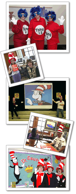 a series of photographs of teachers and students wearing Dr. Seuss-themed costumes and enjoying books or watching movies with captions turned on