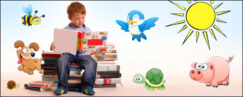 A young boy sits reading among large stacks of books, with a cartoon sun shining and cartoon animals surrounding him; a bird, dog, snail, bee, turtle and pig.