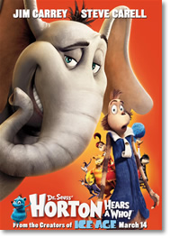 a portion of the horton hears a who movie promotional poster with horton the elephant and the cartoonish whos looking at the camera