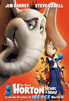 a poster from the film horton hears a who displaying a prominent computer animated elephant and several other creatures
