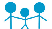 three stick figures represent a family, with the two larger figures holding up the smaller one