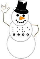 a picture of a snowman with the word love printed on his chest. the snowman is signing love in ASL