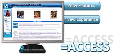 a picture of a computer monitor with the DCMP home page visible and the words new features, new experience, and equal sign access