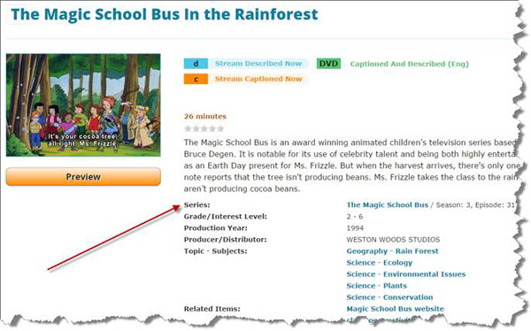 Image of The Magic School Bus in the Rainforest webpage, showing a description of the video, links to view or check out video, a preview button, and the following notes: Series, Grade/Interest Level, Production Year, Producer/Distributor, Topic/Subjects, and Related Items.