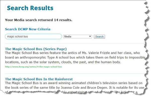 Magic School Bus search results. First in the list shows "The Magic School Bus Series Page with a link.