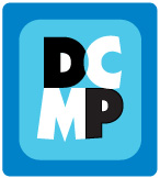 DCMP logo, letters D C on top of letters M P within a dark blue border
