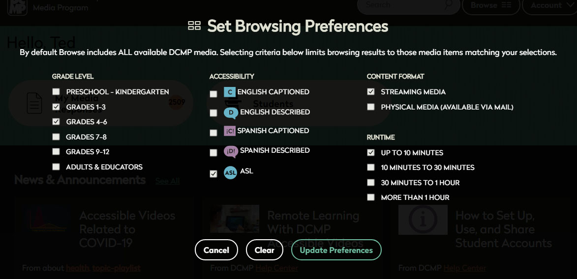 Set browsing preferences page. Settings for grade level, accessibility, content format, runtime.