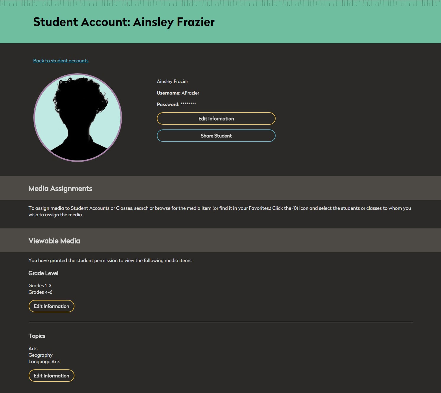 Student account page for teacher.
