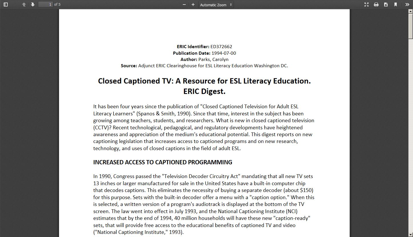 Closed Captioned TV: A Resource for ESL Literacy Education
