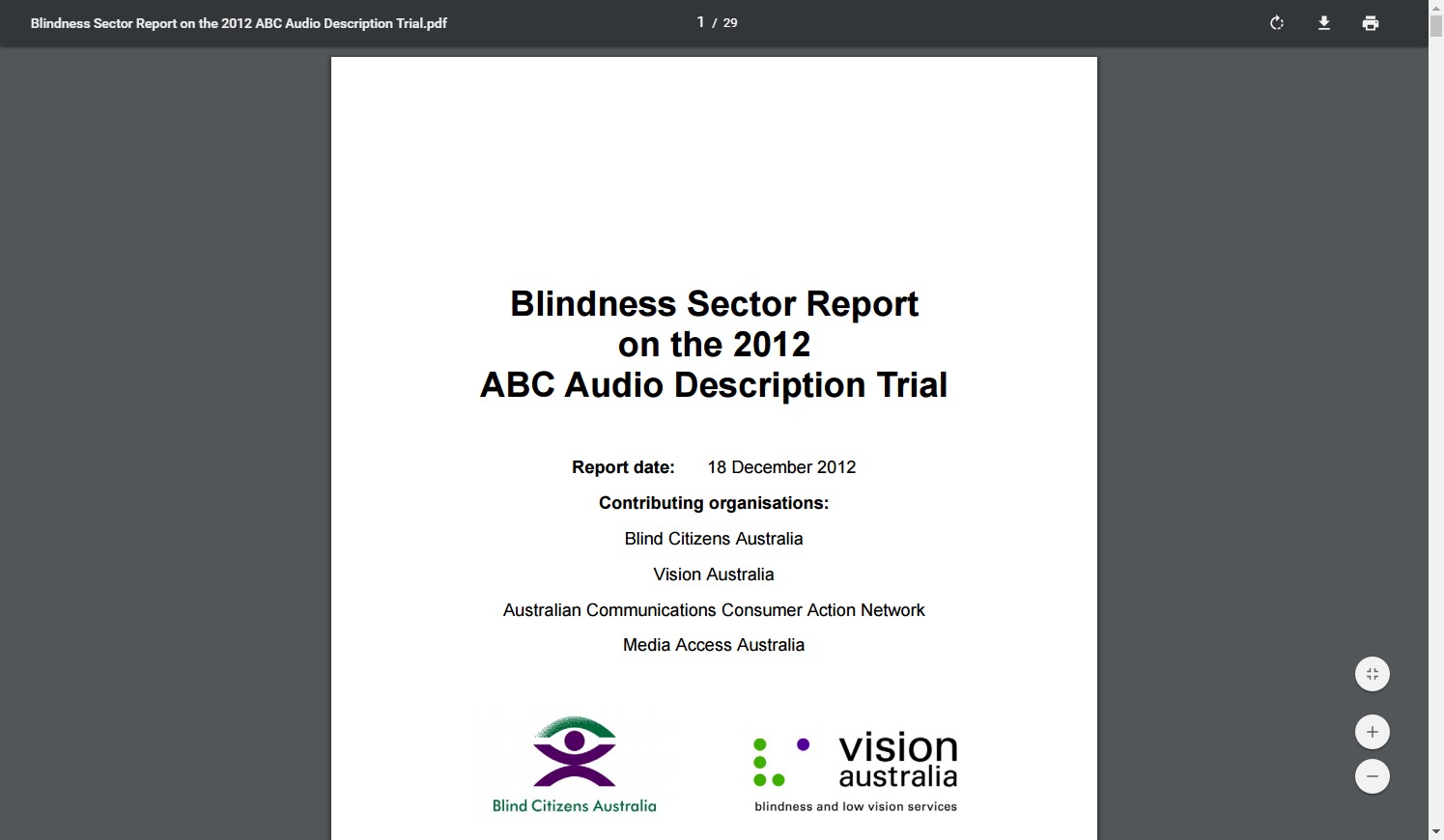 Image from: Blindness Sector Report on the 2012 ABC Audio Description Trial